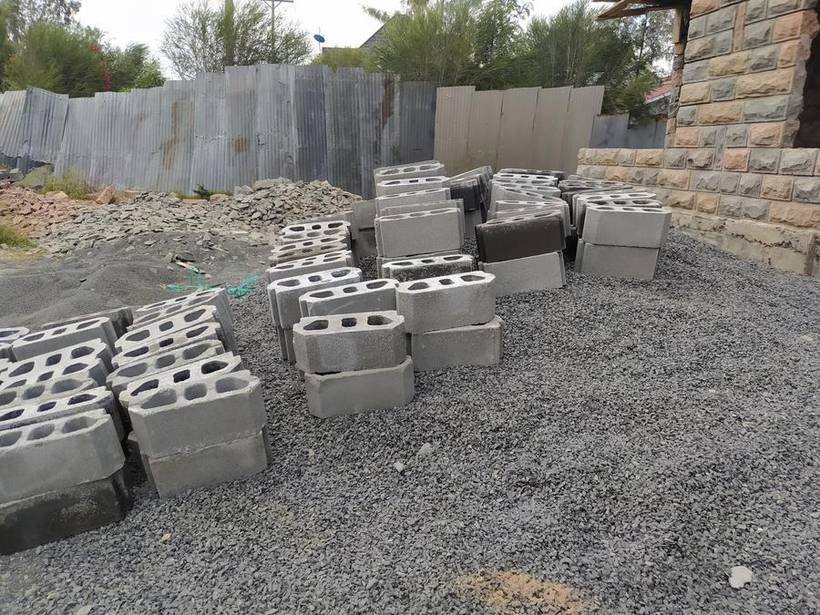 Precast slab beams and blocks stacked on site before use